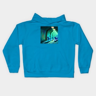 Several Blue Cats March Down a Hallway in an Underground Base Kids Hoodie